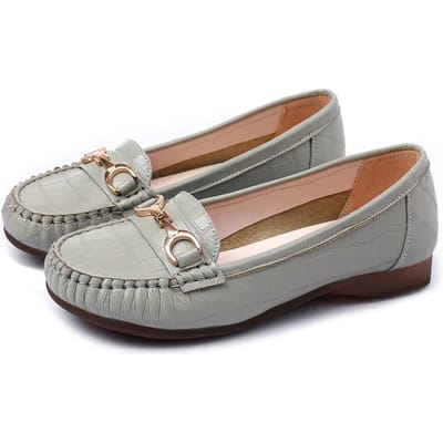 Nieuwe Ronde Neus Echt Leer Effen Kleur Metalen Decoratieve Platte Schoenen Lage Hak Loafers Grote Maat Echt Leer Mutsschoenen 43 gray