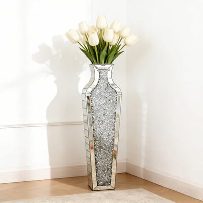 Artloge Hoge Vaas - Zilveren Vloervaas H68.5 cm - Spiegelende Crushed Diamond - niet voor water