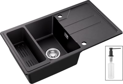 CECIPA max Spoelbak Keuken 78*45cm - Enkele Spoelbakken Graniet Met Zeepdispenser - Multifunctionele Spoelbak Met Planchet en Afvoermand - Met waterafvoersysteem - Voor 60 cm kast - Zwart