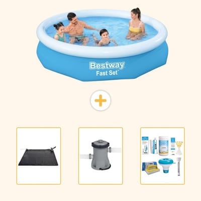 Bestway Rond Opblaasbaar Fast Set Zwembad - 305 x 66 cm - Blauw - Inclusief Solar Mat - Zwembadfilterpomp - Onderhoudspakket - 4-delig