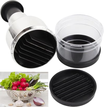 Handmatige Hakmolen - RVS - Ui en Knoflook Snijder - Hakker met Drukknop - RVS Groentesnijder - Keukenhulp voor Uien, Groenten & Kruiden - Vaatwasserbestendig - Handmatige Food Processor - Zilver/Zwart