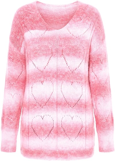 MIAMODA - Dames - Trui kleurverloop hart-ajourmotief V-hals lange mouwen - Flamingo - Maat 44