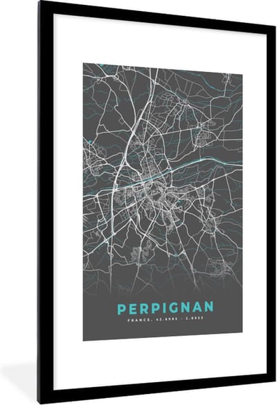 Fotolijst incl. Poster - Kaart - Stadskaart - Plattegrond - Frankrijk - Perpignan - 80x120 cm - Posterlijst