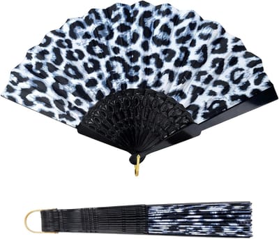 Thijox - Handwaaier Opvouwbaar, Draagbare Leopard Rave Fan voor Feest, Disco, Strand, Verkoeling - Grijs-blauw Luipaardpatroon, Lichtgewicht en Geluid