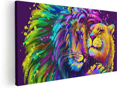 Artaza Canvas Schilderij Vijfluik Gekleurde Leeuw En Leeuwin - Abstract - 100x50 - Foto Op Canvas - Canvas Print