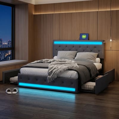 Luxe Tweepersoonsbed 180x200 Grijs Linnen – Met RGB LED, 4 Opberglades & USB/USB-C – Modern Gestoffeerd Bed