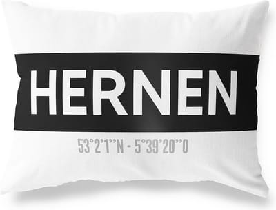 Tuinkussen HERNEN - GELDERLAND met coördinaten - Buitenkussen - Bootkussen - Weerbestendig - Jouw Plaats - Studio216 - Modern - Zwart-Wit - 50x30cm