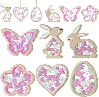 Set van 24 Houten Paaseieren voor Decoratie, 8 cm, Perfect voor Binnen en Buiten, met Konijnen, Vlinders, Bloemen en Harten, Lente Decoratie voor Paasmanden