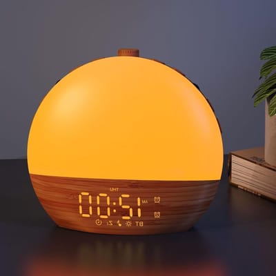 Wekker met Licht - Geluidsmachine - Rustig Ontwaken - Simuleert Zonsopgang - 19 cm - Houtlook