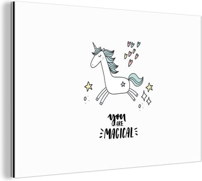 Wanddecoratie Metaal - Aluminium Schilderij Industrieel - Unicorn - Kinderen - Quotes - You are magical - Meisjes - 180x120 cm - Dibond - Foto op aluminium - Industriële muurdecoratie - Voor de woonkamer/slaapkamer