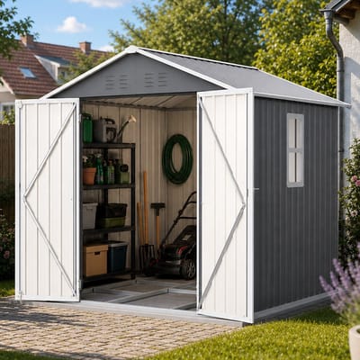 Tuinhuis – Metalen Gereedschapsschuur - Outdoor Tuinopslag - 185x182x191 cm - Met ventilatiegaten - Met ramen - Met Slot - Weerbestendig - Sneeuwbescherming - Voor Achtertuin, Terras en Grasveld - Grijs