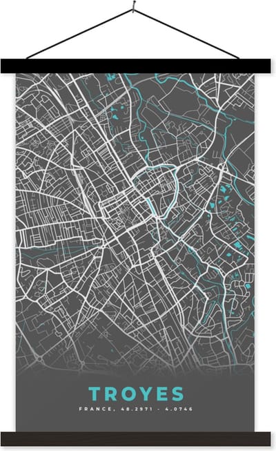 Posterhanger incl. Poster 40x60 cm - Schoolplaat - Troyes - Frankrijk - Plattegrond - Stadskaart - Kaart - Textielposter - Zwarte latten - Stadskaart