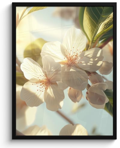 Poster in lijst - Fotolijst 50x70 cm - Posters - Bloesems - Wit - Zonnestralen - Bloemblaadjes - Posterlijst zwart - Decoratie - Wanddecoratie woonkamer - Muurdecoratie slaapkamer