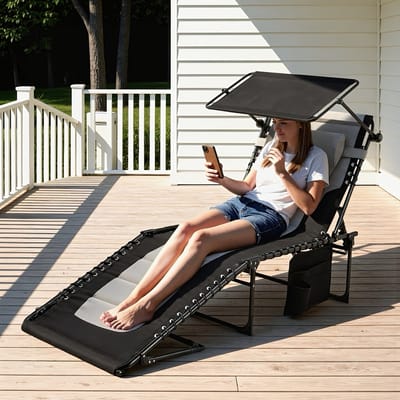 Veldbed-ligbed voor in de tuin en zwembad - Set van 2 opvouwbare ligstoelen met zonnescherm-5 standen rugleuninghoek-Stalen frameconstructie-2 Standen beenstand, gewatteerd- Zwart en Grijs