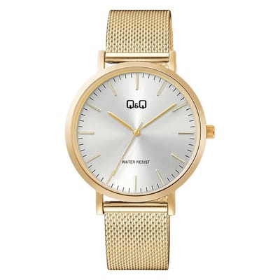 Q&Q C34A-005PY - Horloge - Analoog - Unisex - Milanese/Mesh stalen band - Rond - Metaal - Streepjes - Goudkleurig