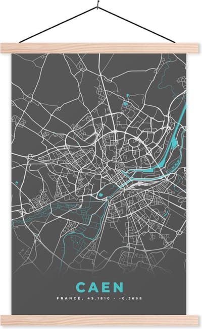 Posterhanger incl. Poster 40x60 cm - Schoolplaat - Caen - Frankrijk - Kaart - Stadskaart - Plattegrond - Textielposter - Blanke latten - Stadskaart