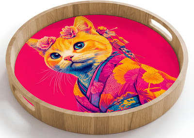 Dienblad rond 40x40 cm - Schootdienblad hout - Kat - Kimono - Bloemen - Roze - Borrelplank rechthoek - Plateau houten dienbladen