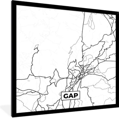 Fotolijst incl. Poster Zwart Wit- Frankrijk – Kaart – Gap - Plattegrond – Stadskaart - Zwart wit - 40x40 cm - Posterlijst