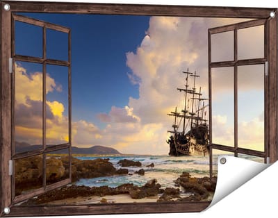 Gards Tuinposter Doorkijk Piratenschip aan de Kust bij Zonsondergang - 90x60 cm - Tuindoek - Tuindecoratie - Wanddecoratie buiten - Tuinschilderij