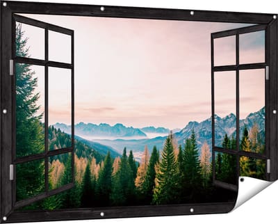 Gards Tuinposter Doorkijk Bos met Bomen bij Bergen Landschap - 150x100 cm - Tuindoek - Tuindecoratie - Wanddecoratie buiten - Tuinschilderij