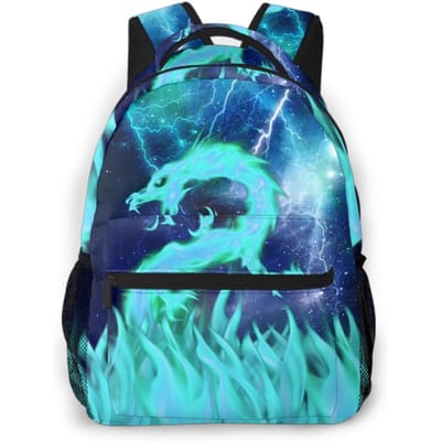 Essentiële Blauw Groene Vuurdraak Rugzak voor Nieuw Schooljaar Neon Vlam & Bliksem Ontwerp Stijlvolle Buitentas voor Avontuur blue