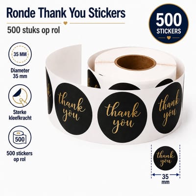500 Thank You Stickers 35 mm op Rol, Bedankt Stickers voor Verpakking, Verjaardag, Cadeau, Webshop, Zwart met Gouden Letters, Labels, Dappaz