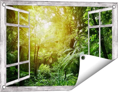 Gards Tuinposter Doorkijk Tropische Jungle met Zonneschijn - 60x40 cm - Tuindoek - Tuindecoratie - Wanddecoratie buiten - Tuinschilderij
