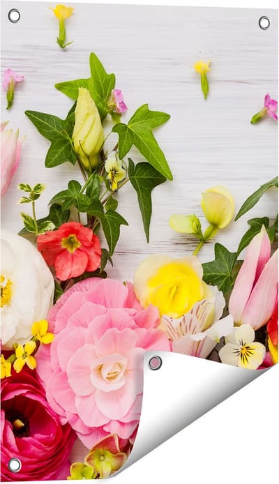 Gards Tuinposter Bloemen op een Witte Houten Achtergrond - 40x60 cm - Tuindoek - Tuindecoratie - Wanddecoratie buiten - Tuinschilderij