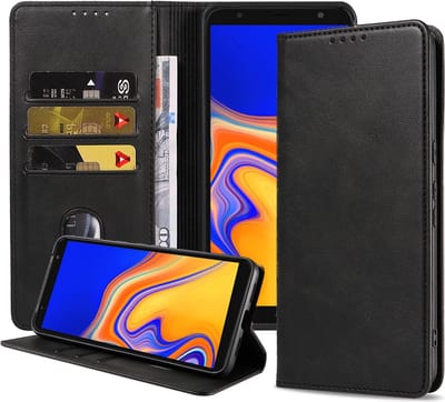 Smartphonica Telefoonhoesje geschikt voor Samsung Galaxy J4 Plus (2018) kunstleren Hoesje met Magnetische sluiting en Pasjeshouders Book Case met Klepje - Zwart geschikt voor Samsung Galaxy J4 Plus