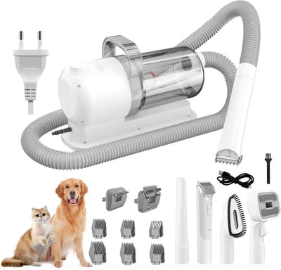 DIMICO - Verzorgingsset huisdieren - Hondentondeuse met stofzuiger - Trimmer hond en kat - Wit - 6 opzetkammen - 2,5L stofreservoir