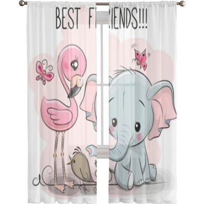 Schattige Cartoon Olifant En Flamingo Transparante Gordijnen Voor Woonkamerraam Transparant Voile Tule Gordijn Slaapkamer Draperieën 135W x 114H(cm) white