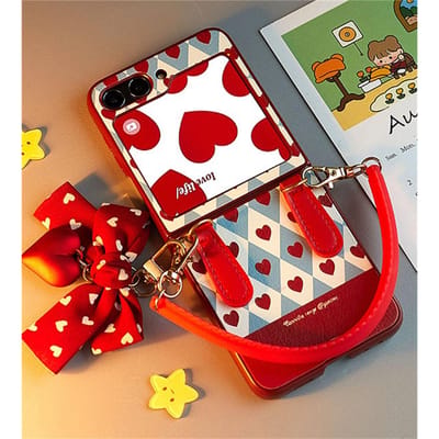 Koreaanse Schattige Liefde Hart Strik Hanger Telefoonhoesje met Armbandketting voor Samsung Galaxy Z Flip 5 6 Z Flip5 Flip6 Flip 4 Achterkant for Z Flip 3