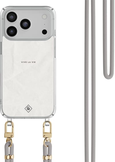 Casimoda® hoesje met grijs koord - Geschikt voor iPhone 17 Pro Max - Vive La Vie - Afneembaar koord - TPU/polycarbonaat - Grijs