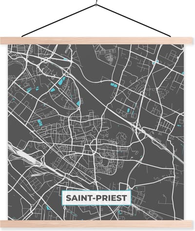 Posterhanger incl. Poster 40x40 cm - Schoolplaat - Saint-Priest - Frankrijk - Plattegrond - Kaart - Stadskaart - Textielposter - Blanke latten - Stadskaart