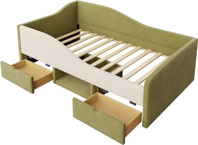 COVREO Bedbank met lades – 90x190 cm – Kinderbed voor slaap en spelen – Lattenbodem – Groen crèmewit - zonder matras