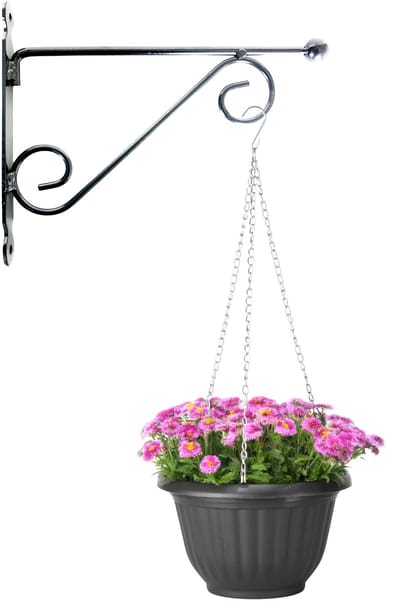 Hangpot + Muurhaak Pisa - antraciet - D25 cm - kunststof - metaal - tuinaccessoires