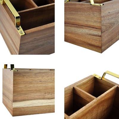 Houten Bestekbak - Bestekopslag - Bestekbak met 4 Vakken - Bestek-Kruidenorganizer - Acaciahout - Gouden Metalen Handgreep