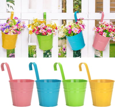 longziming - Hangende plantenbak - Hangende bloempot - Hangpotten - Set van 4, metaal met roestbestendige coating - Afneembare handgreep, eenvoudig op te hangen - Drainagegaten voor optimale waterafvoer