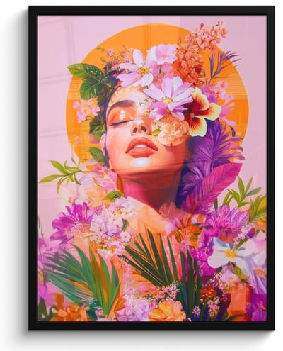 Poster in lijst - Fotolijst 50x70 cm - Posters - Vrouw - Abstract - Cirkel - Bloemen - Posterlijst zwart - Decoratie - Wanddecoratie woonkamer - Muurdecoratie slaapkamer
