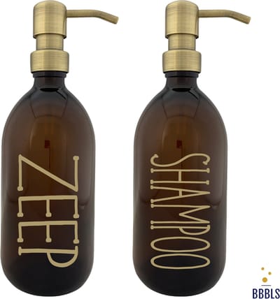BBBLS® Design Dispenser Giftset "Zeep Shampoo" | Bruin Glas | 500ml | RVS / Metaal Pomp Goud | Zeeppomp | Zeepdispenser | Zeephouder