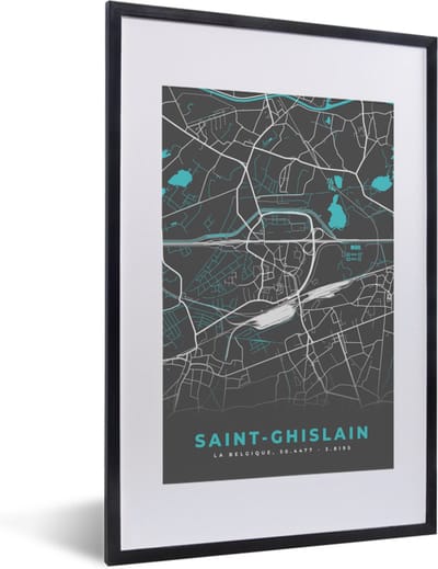 Fotolijst incl. Poster - Stadskaart – Grijs - Kaart – Saint Ghislain – België – Plattegrond - 40x60 cm - Posterlijst
