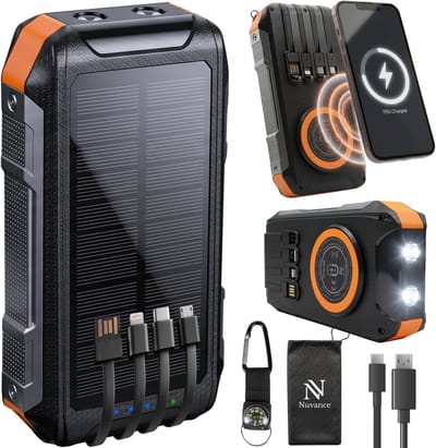 Nuvance Solar Powerbank 20000mAh - 22.5W Snellader - USB C & USB A - 4x Ingebouwde Kabels - Draadloze Powerbank 15W - Noodpakket - Powerbank Zonneenergie