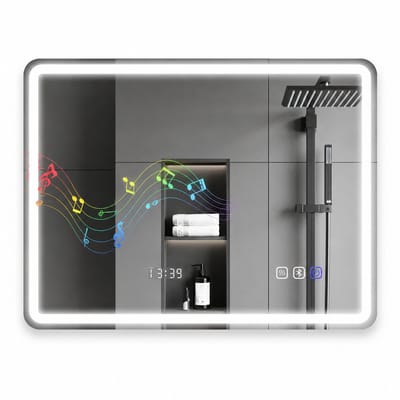 Velmio Slimme Badkamerspiegel - Spiegel - Bluetooth Speaker Functie - 600 x 800 mm - Met Digitale klok - Anti-Condens - LED Verlichting