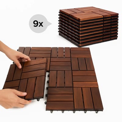Lomera Acacia Houten Terrastegels Tegels - 9 Stuks Set - 0.81 M2 Oppervlakte - Balkon, Terras Of Vlonder - Snelle Montage - Kliktegels Systeem - Warme Uitstraling - Hardhouten Tegels - Tuintegels - Vlondertegel - Balkon Vloer