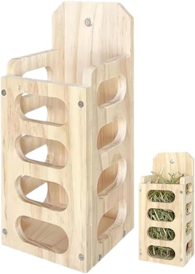 Hooi Voederrek - Hooi Dispenser - Knaagdier Voeden - Natuurlijk Hout - 12.5 x 13 x 31 cm - Houtkleur