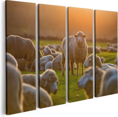 Artaza Canvas Schilderij Vierluik Kudde Schapen bij Zonsondergang - 80x60 - Foto Op Canvas - Canvas Print