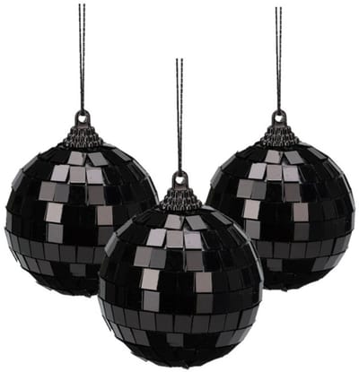 Christmas Decorations Disco kerstbal - 3x - zwart - 6 cm - kunststof en glas - discobol - spiegel - discobal - kerstversiering