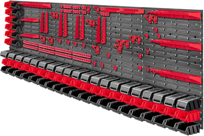 KADAX Gereedschapswandrek, groot, 232 x 78 cm, opslagsysteem van robuust kunststof, uv-bestendig modulesysteem, uitbreidbare wandplaten, werkplaatsrek voor garage (rood en zwart, 160 stuks)