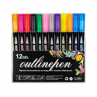Contourmarkers - 12 kleuren, versie A - Metallic glanseffect met dubbele lijnen - Voor creatieve DIY-projecten - Verpakkingsgewicht 135g