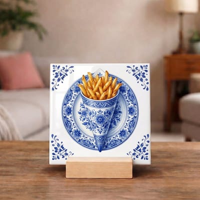 Delftsblauw Tegeltje 11x11 Friet in Puntzak – Keuken Decoratie Cadeau